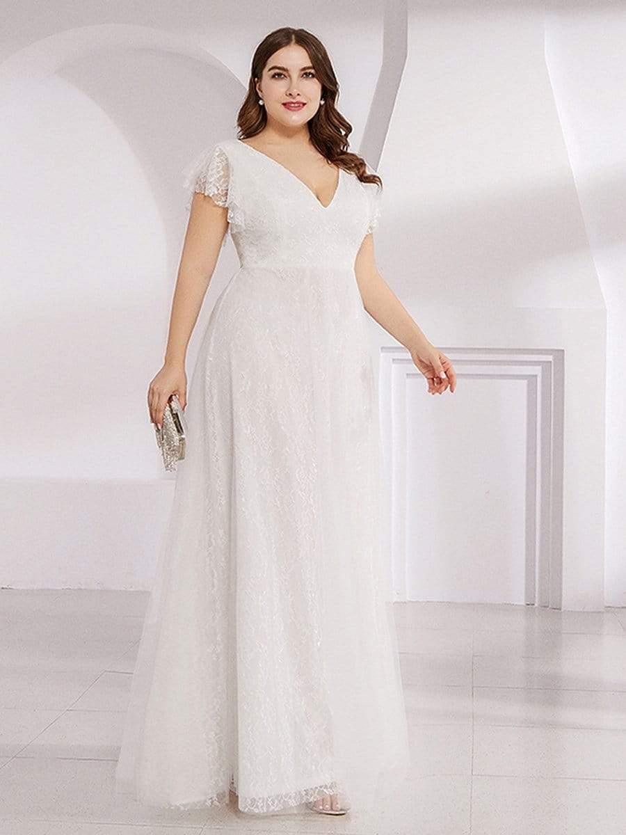 Plus Size Cap Sleeve Floral Lace Long Formal Dresses #color_White