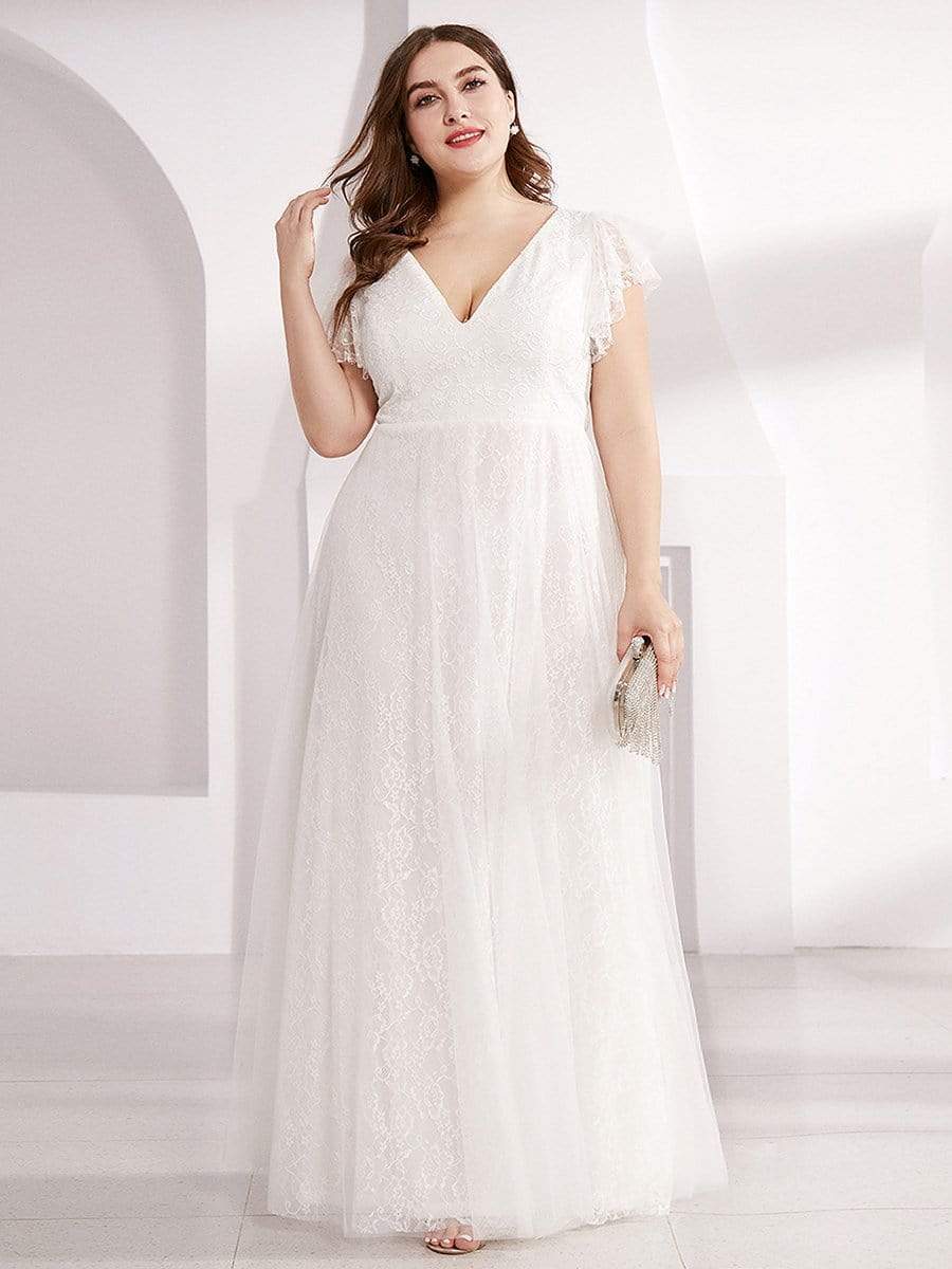 Plus Size Cap Sleeve Floral Lace Long Formal Dresses #color_White