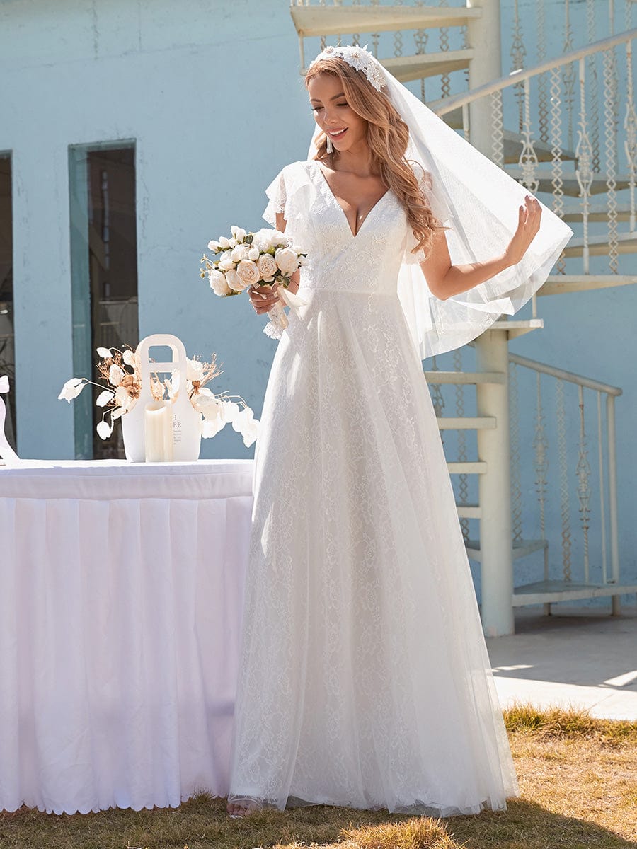 Custom Size Elegant Maxi Lace Elopement Wedding Dress with Ruffle Sleeves #color_White