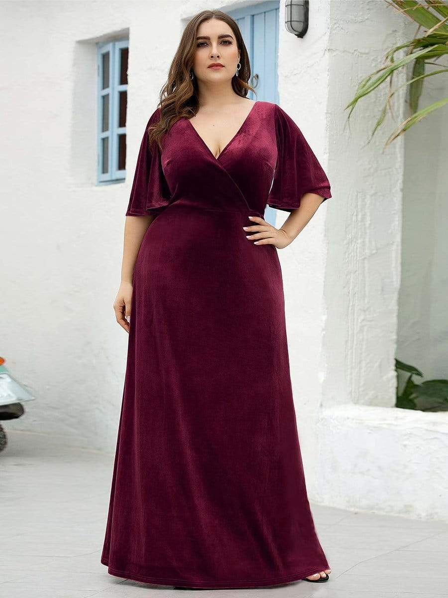 Vintage Plus Size Velvet Maxi Evening Dress #color_Burgundy 