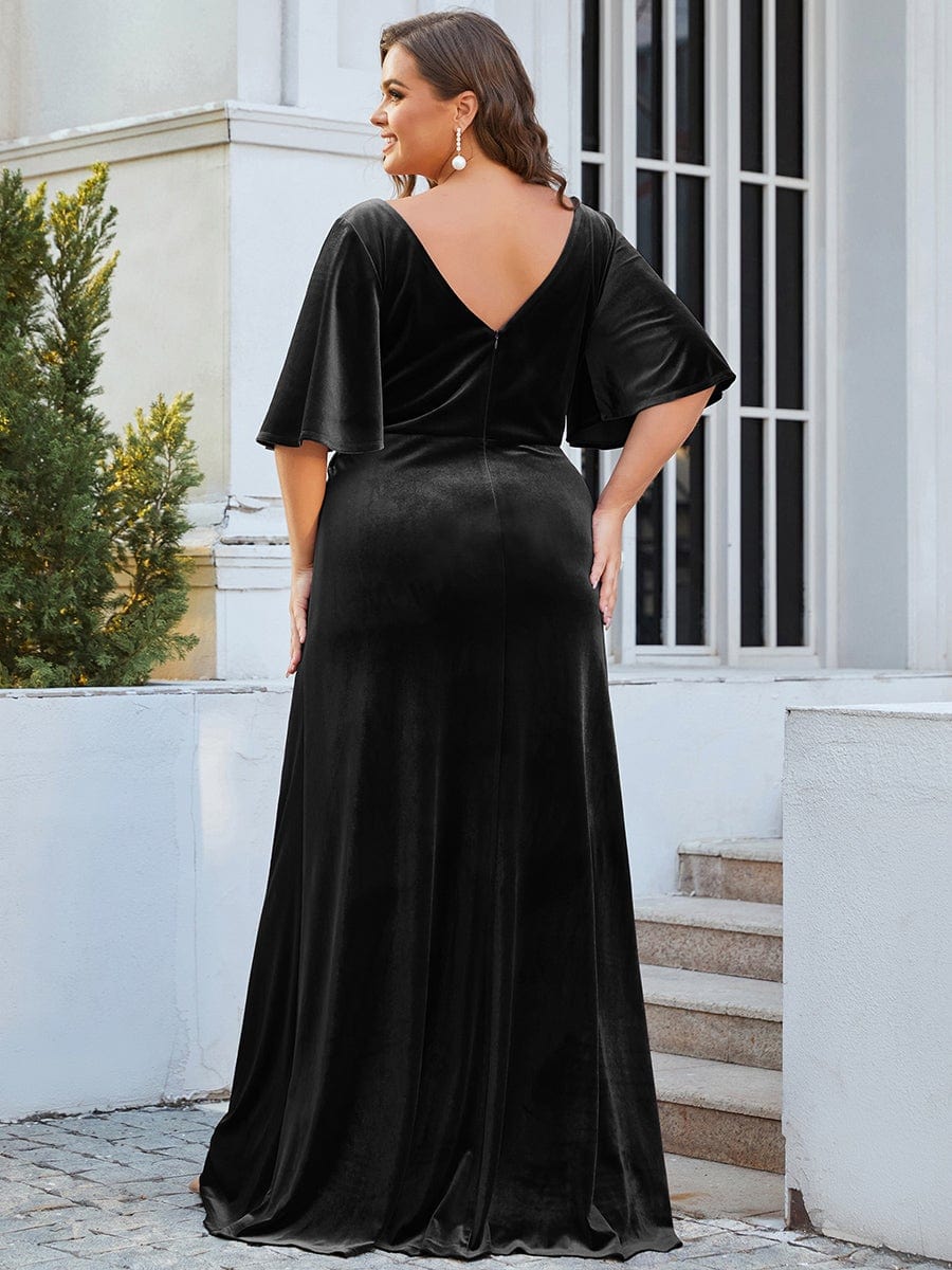 Custom Size Vintage Floor Length Velvet Evening Dress #color_Black 