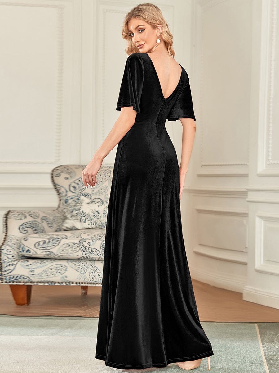 Elegant Double V Neck Velvet Party Dress with Sleeves #color_Black 