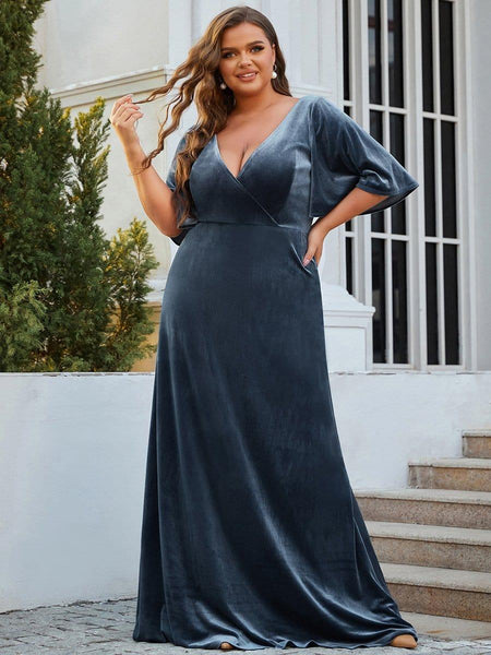 Vintage Plus Size Velvet V Neck Maxi Formal Evening Dress