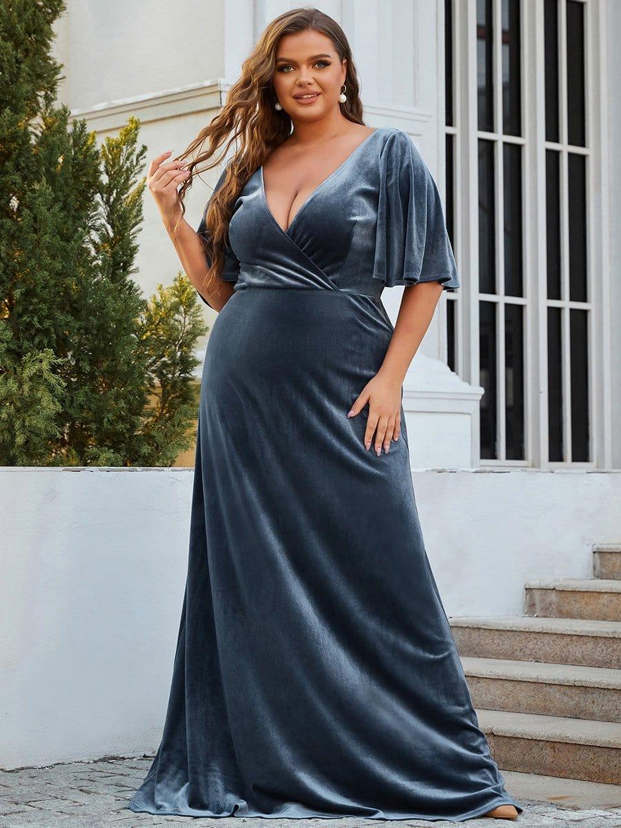 Vintage Plus Size Velvet Maxi Evening Dress #color_Dusty Blue