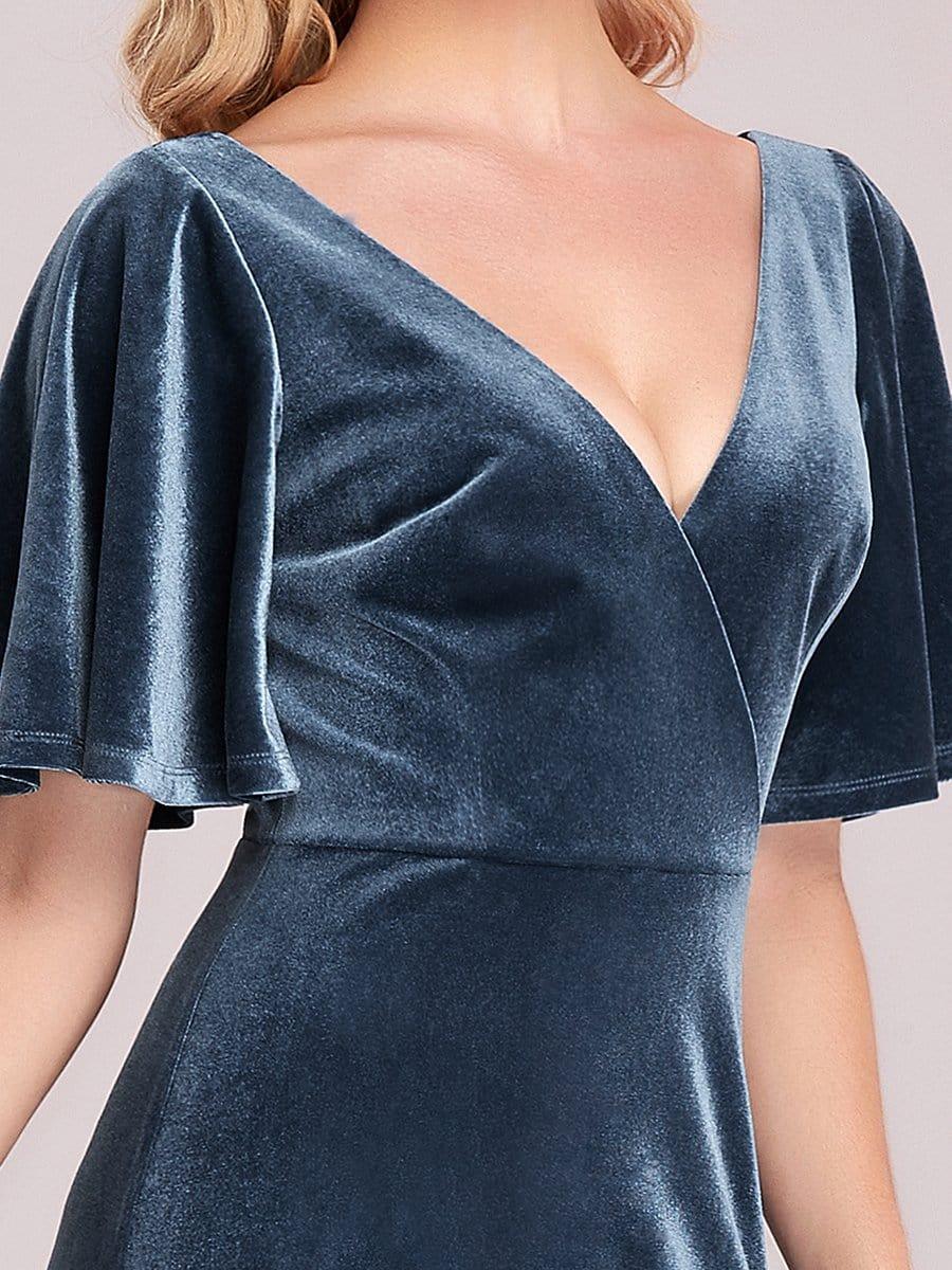 Elegant Double V Neck Velvet Party Dress with Sleeves #color_Dusty Blue
