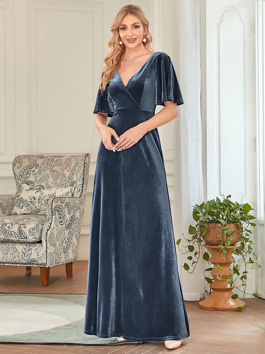 Elegant Double V Neck Velvet Party Dress with Sleeves #color_Dusty Blue 