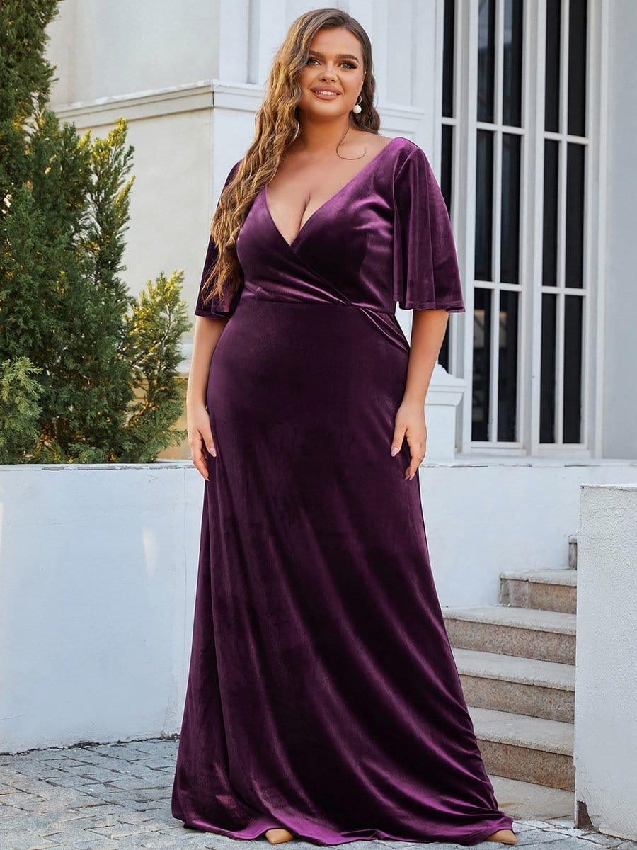 Vintage Plus Size Velvet Maxi Evening Dress #color_Dark Purple 
