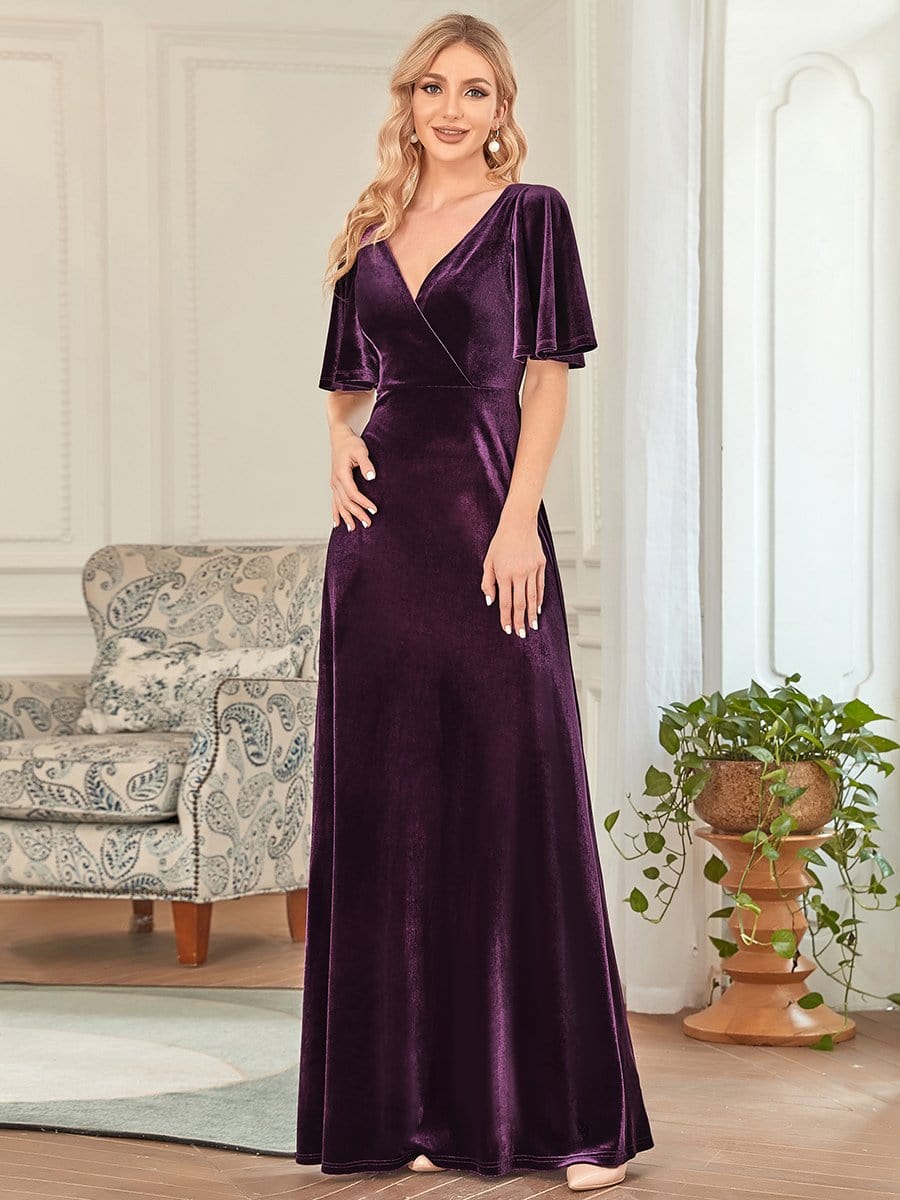 Elegant Double V Neck Velvet Party Dress with Sleeves #color_Dark Purple 
