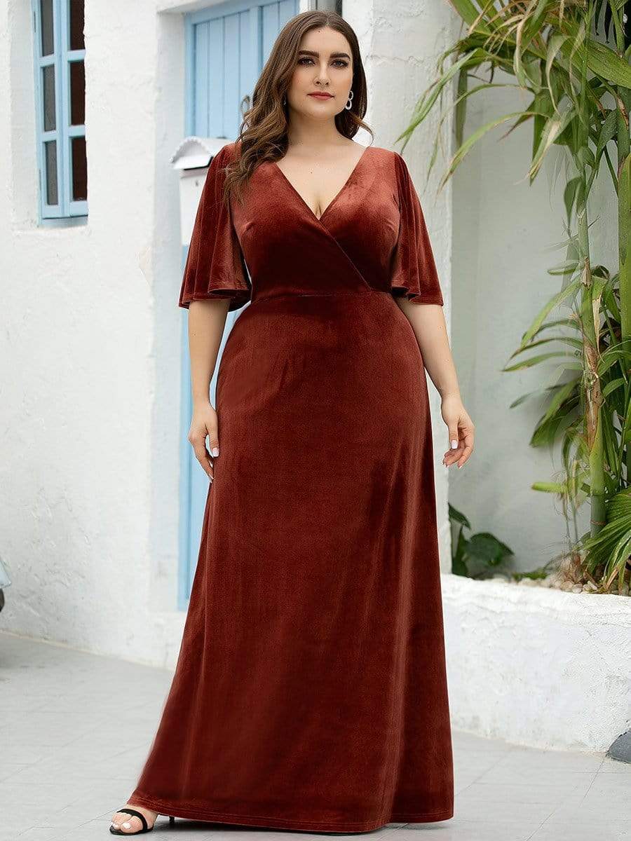 Custom Size Vintage Floor Length Velvet Evening Dress #color_Brick Red 