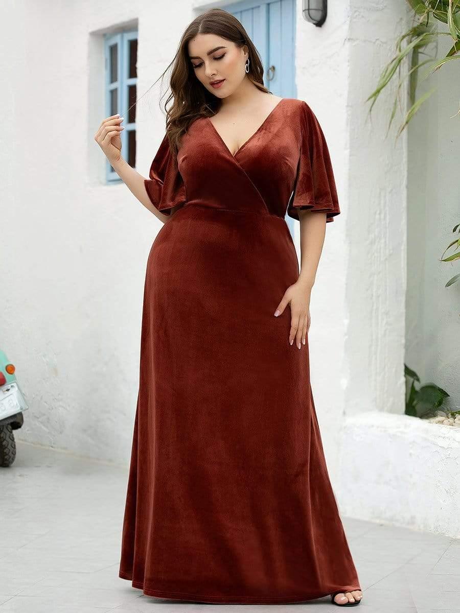Vintage Plus Size Velvet Maxi Evening Dress #color_Brick Red 