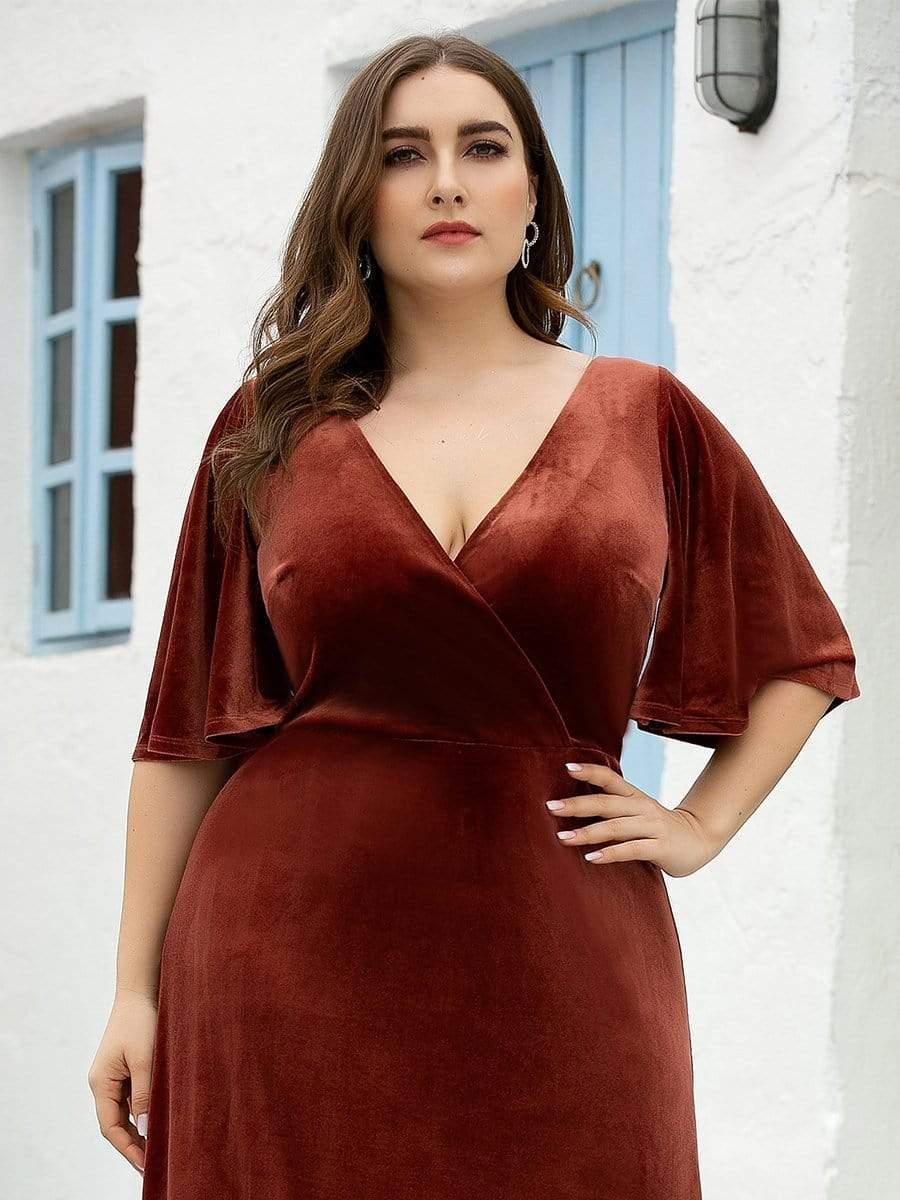 Vintage Plus Size Velvet Maxi Evening Dress #color_Brick Red 