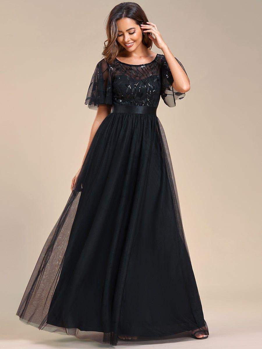 Sequin Bodice Ribbon Waist Mesh Prom Evening Dress with Sleeves - Ever ...