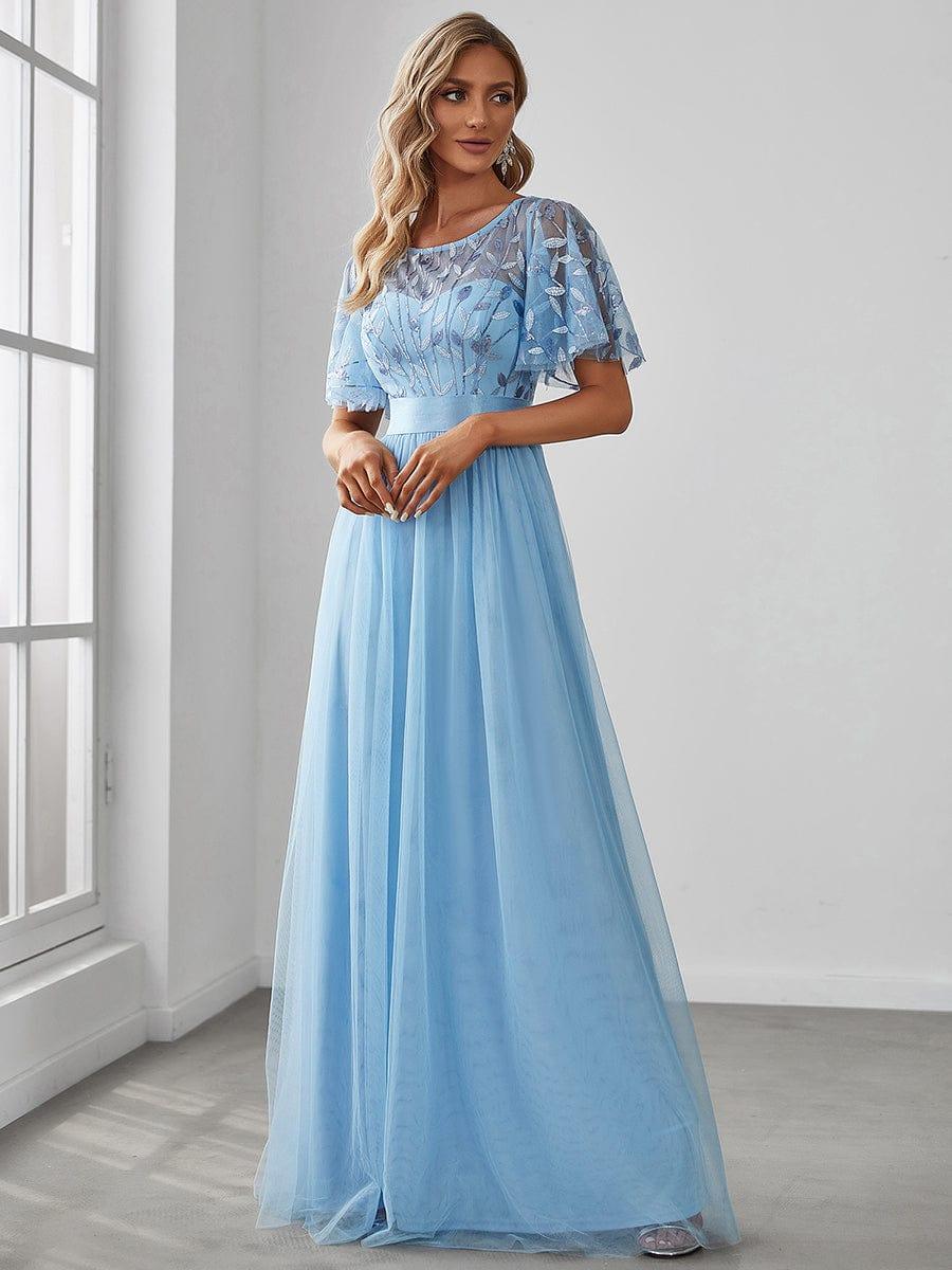 Women's A-Line Short Sleeve Embroidery Floor Length Evening Dresses #color_Sky Blue
