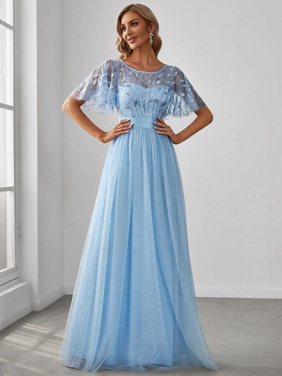 Women's A-Line Short Sleeve Embroidery Floor Length Evening Dresses #color_Sky Blue