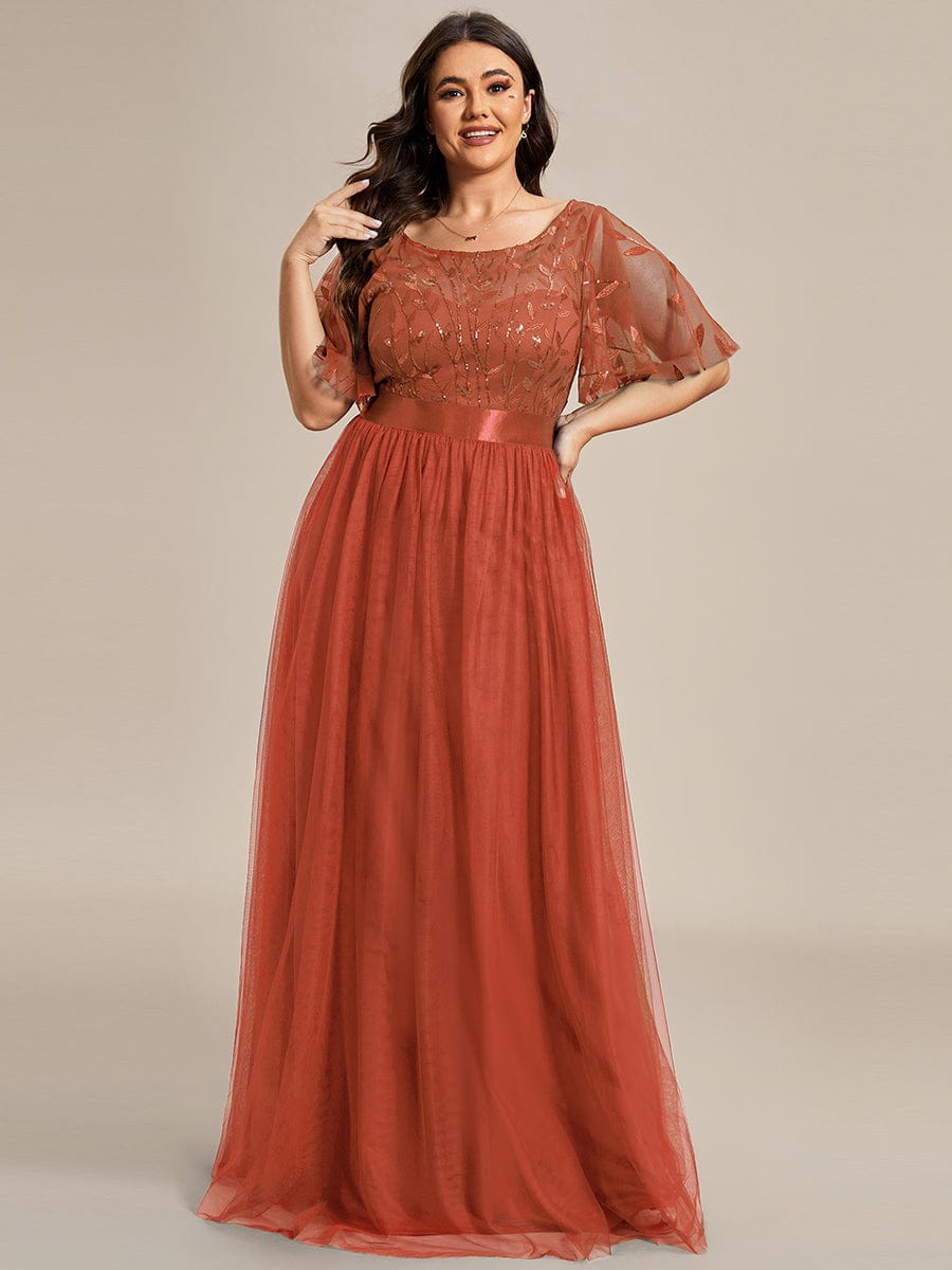 Plus Size Women's Embroidery Evening Dresses with Short Sleeve #color_Burnt Orange
