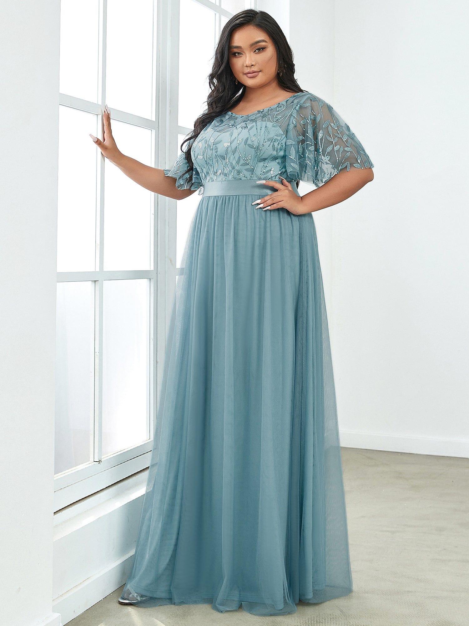 Custom Size Women's A-Line Sequin Leaf Maxi Prom Dress with Sleeves #color_Light Teal