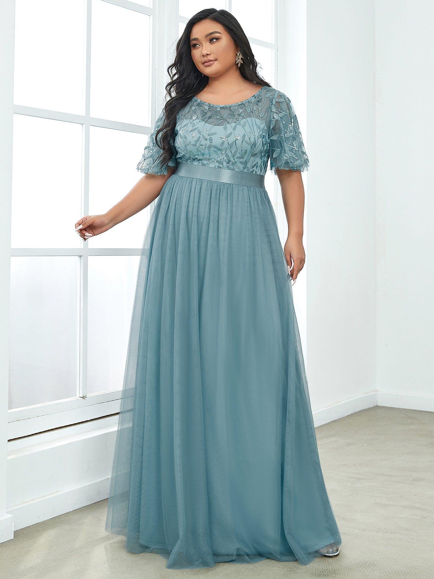 Custom Size Women's A-Line Sequin Leaf Maxi Prom Dress with Sleeves #color_Light Teal