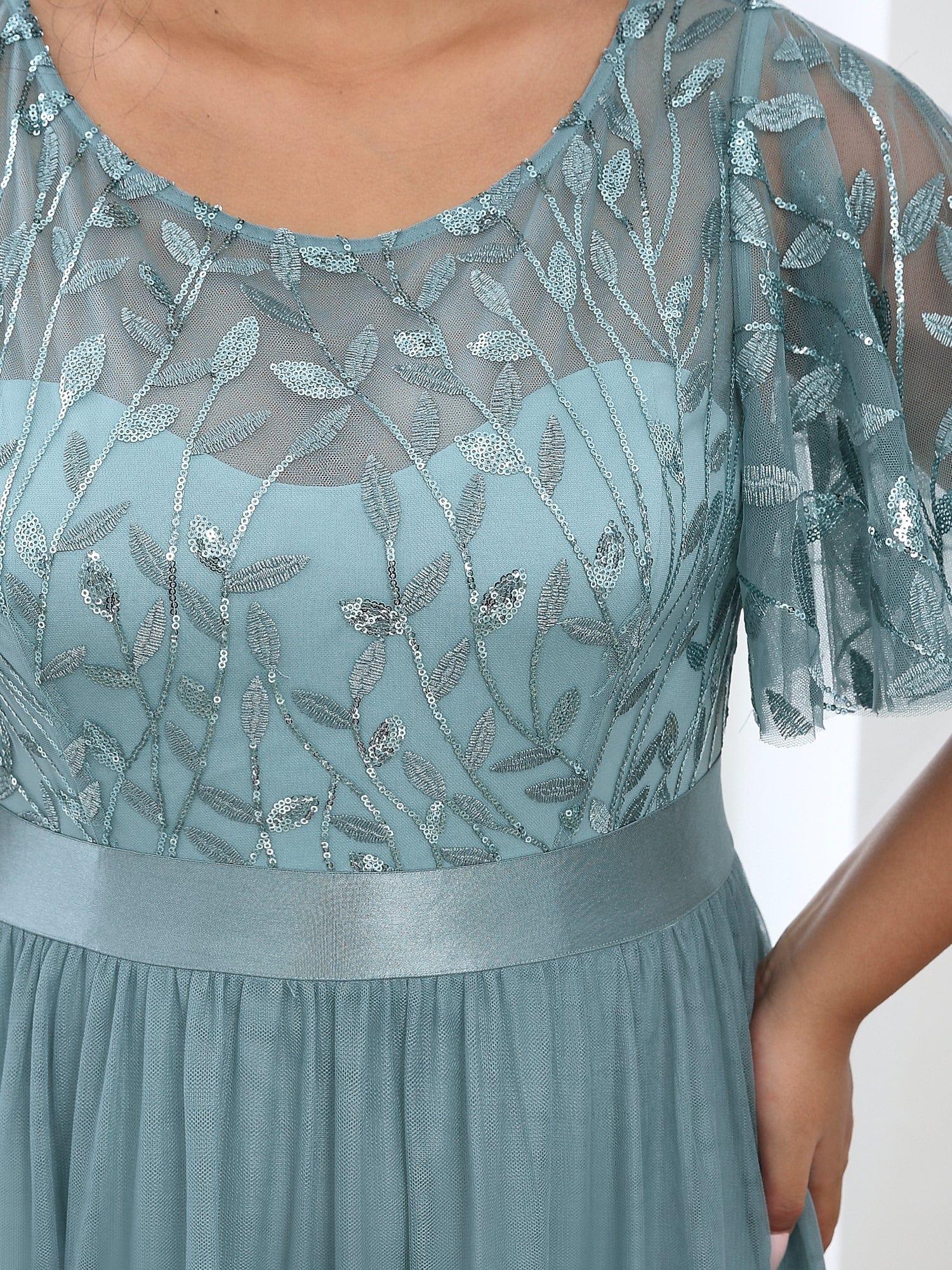 Custom Size Women's A-Line Sequin Leaf Maxi Prom Dress with Sleeves #color_Light Teal