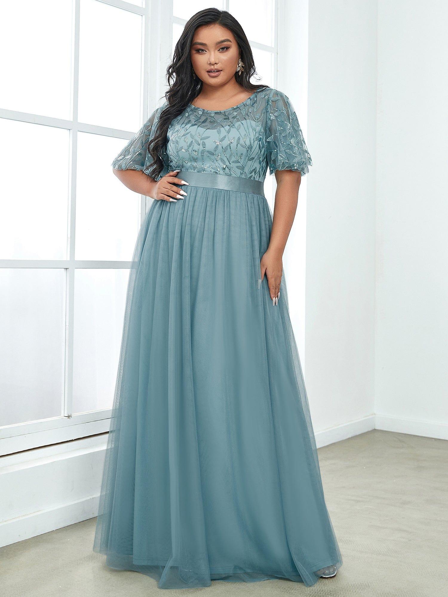Custom Size Women's A-Line Sequin Leaf Maxi Prom Dress with Sleeves #color_Light Teal