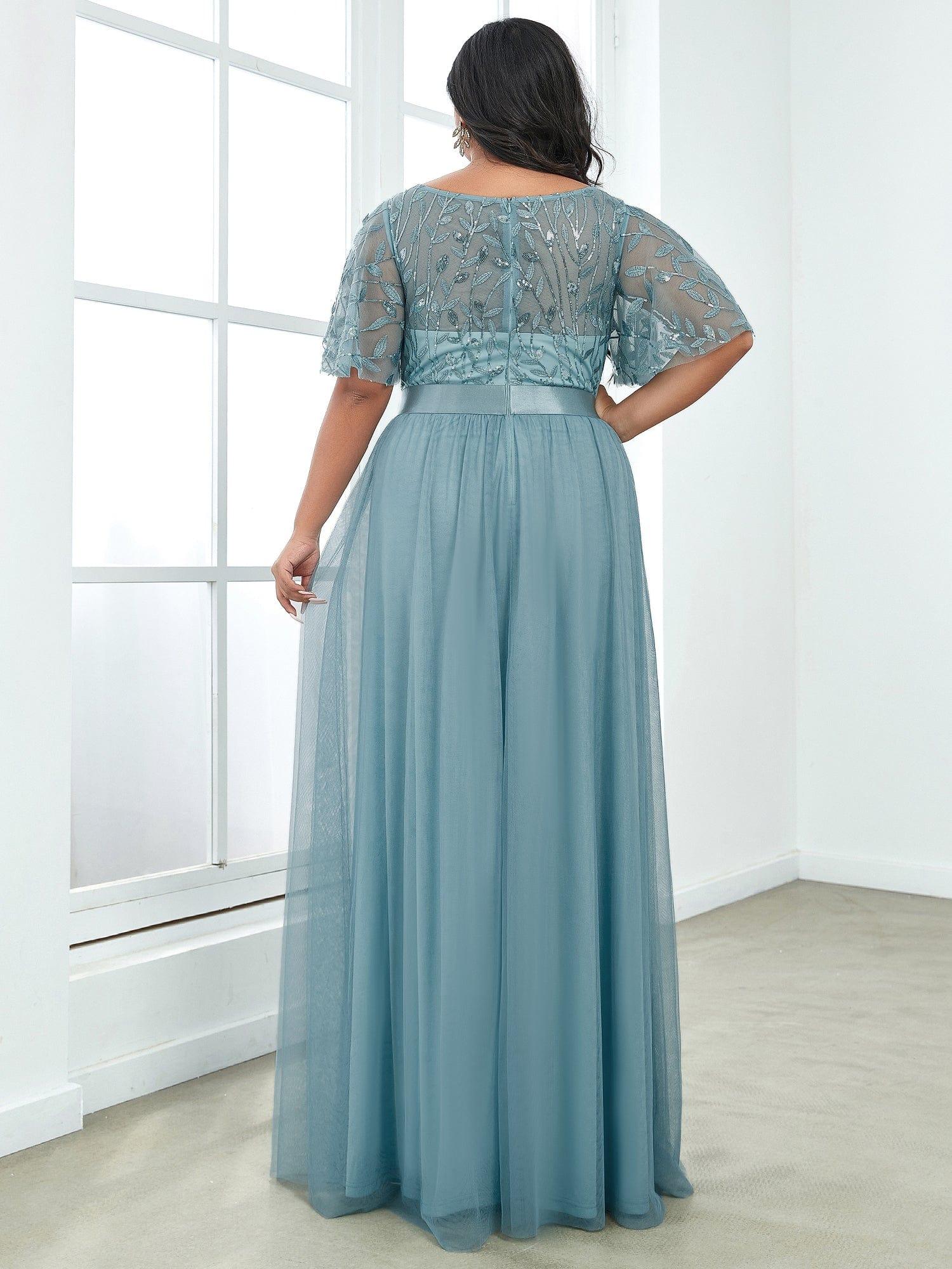 Custom Size Women's A-Line Sequin Leaf Maxi Prom Dress with Sleeves #color_Light Teal