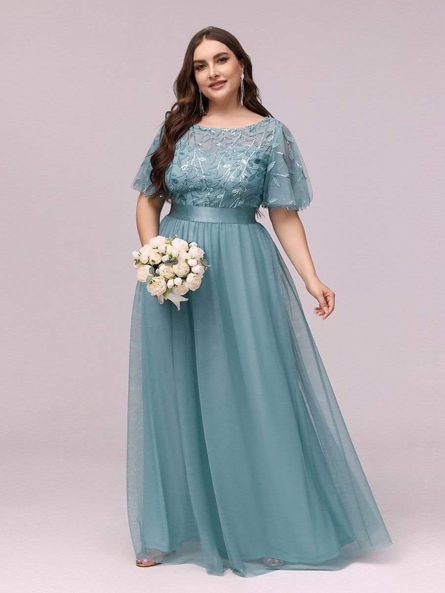 Plus Size Sequin Bodice Long Formal Evening Dresses #color_Dusty Blue 