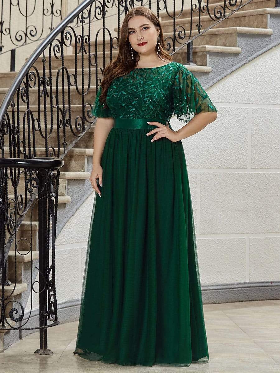 Plus Size Women's Embroidery Evening Dresses with Short Sleeve #color_Dark Green 
