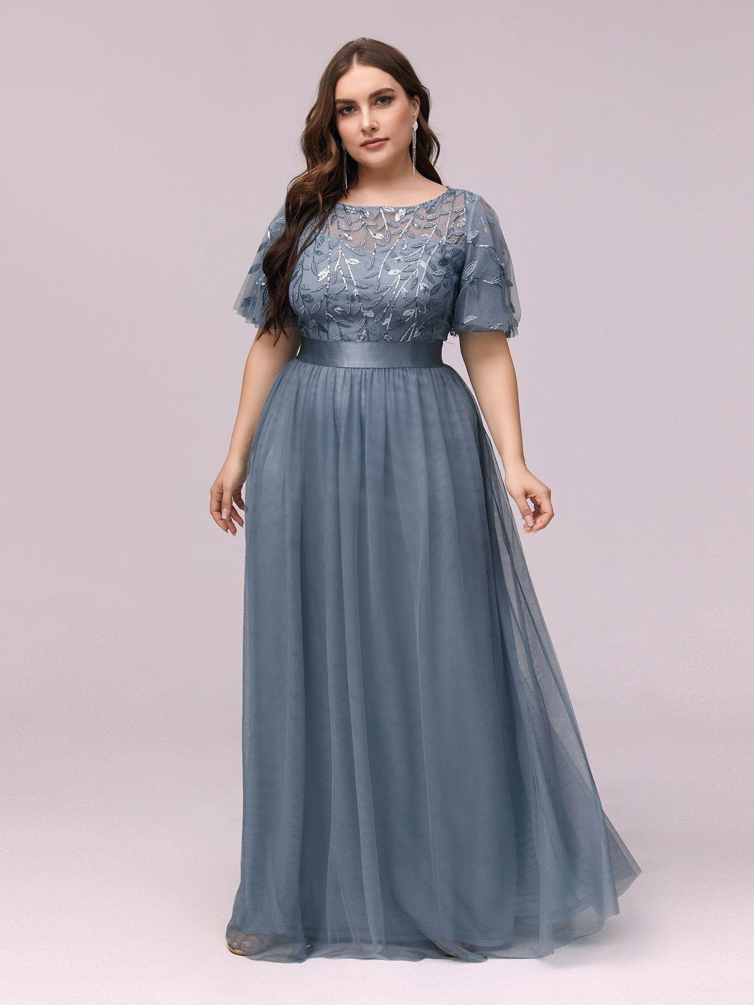 Custom Size Women's A-Line Sequin Leaf Maxi Prom Dress with Sleeves #color_Dusty Blue
