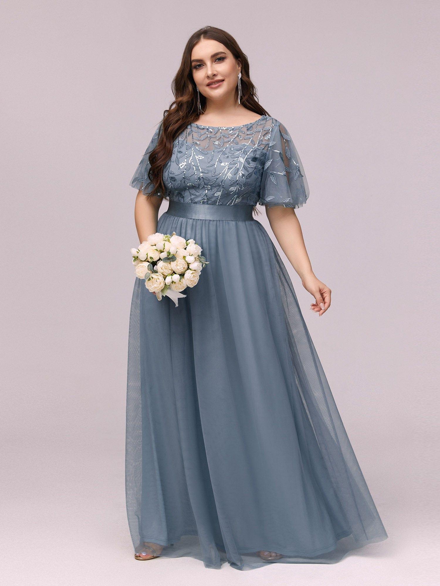 Custom Size Women's A-Line Sequin Leaf Maxi Prom Dress with Sleeves #color_Dusty Blue