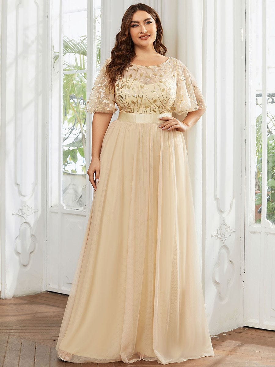 Plus Size Sequin Bodice Long Formal Evening Dresses #color_Gold