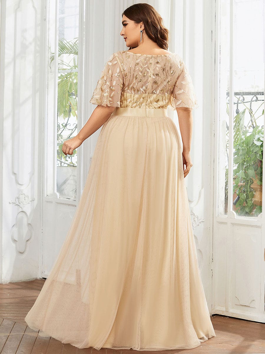 Plus Size Sequin Bodice Long Formal Evening Dresses #color_Gold