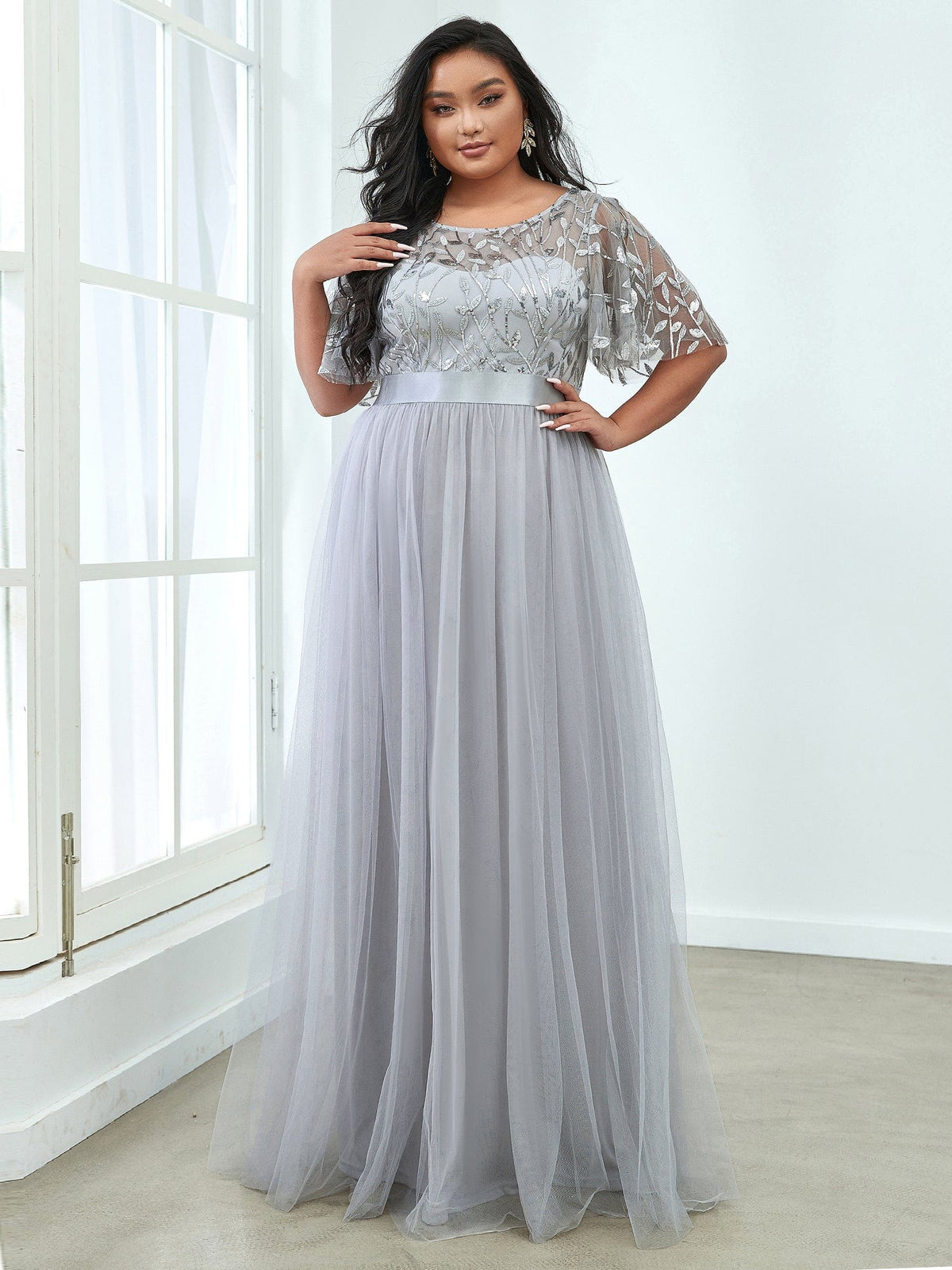 Custom Size Women's A-Line Sequin Leaf Maxi Prom Dress with Sleeves #color_Grey