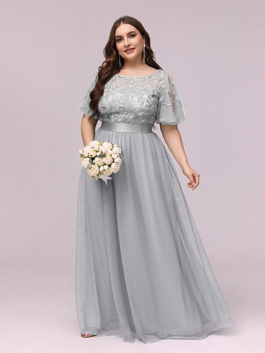 Plus Size Women's Embroidery Evening Dresses with Short Sleeve #color_Grey 