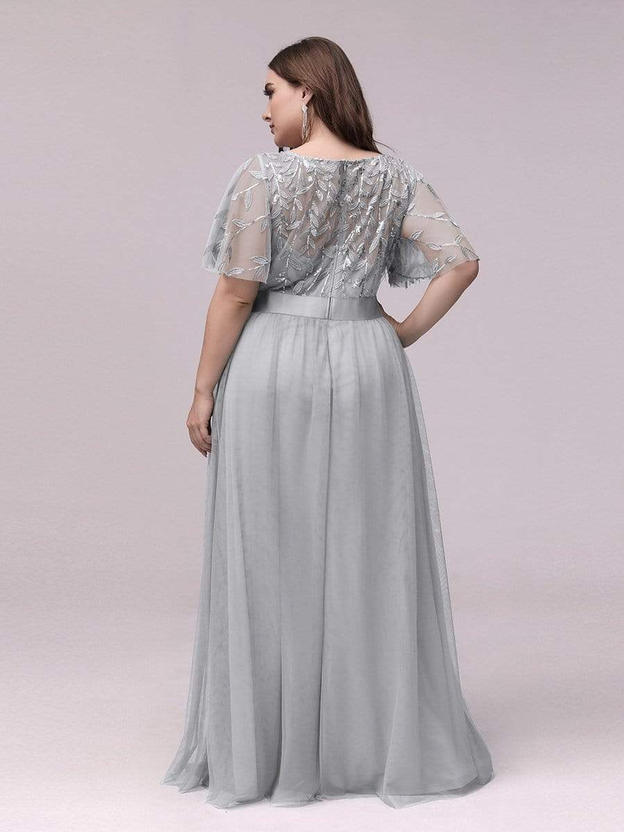Plus Size Women's Embroidery Evening Dresses with Short Sleeve #color_Grey 