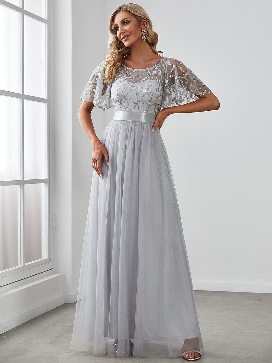 Women's A-Line Short Sleeve Embroidery Floor Length Evening Dresses #color_Grey