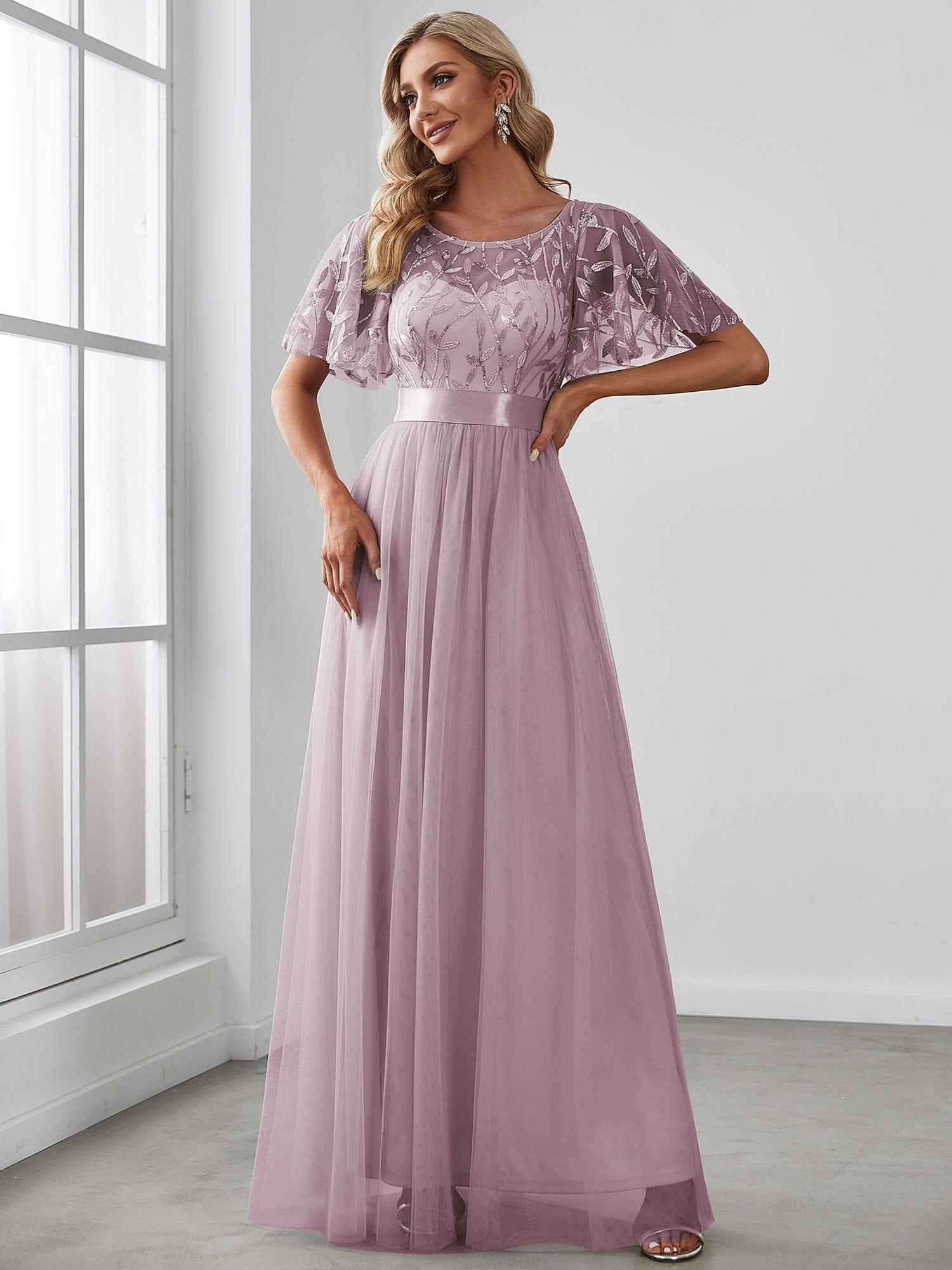 Custom Size Women's A-Line Sequin Leaf Maxi Prom Dress with Sleeves #color_Lilac