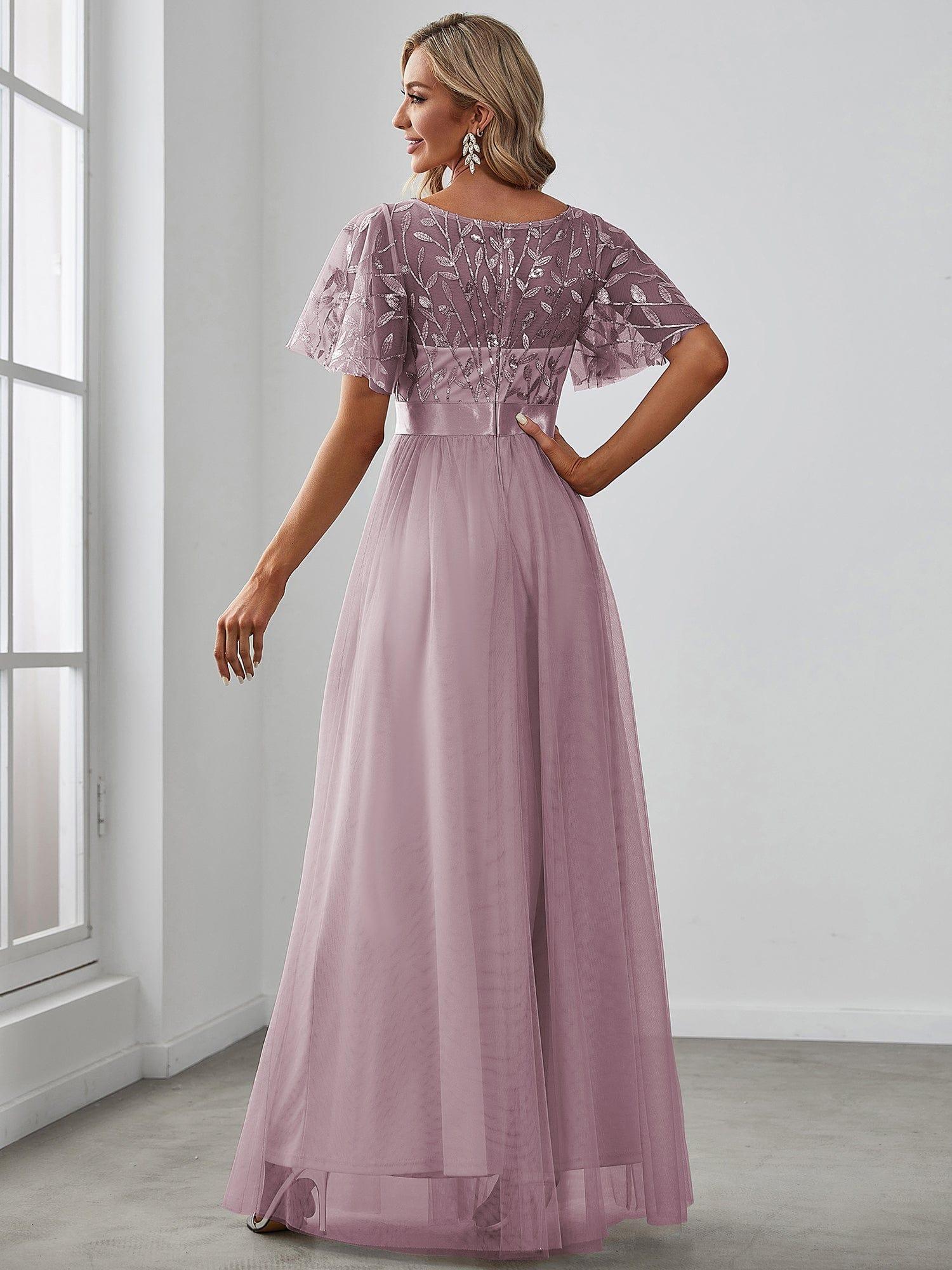 Custom Size Women's A-Line Sequin Leaf Maxi Prom Dress with Sleeves #color_Lilac
