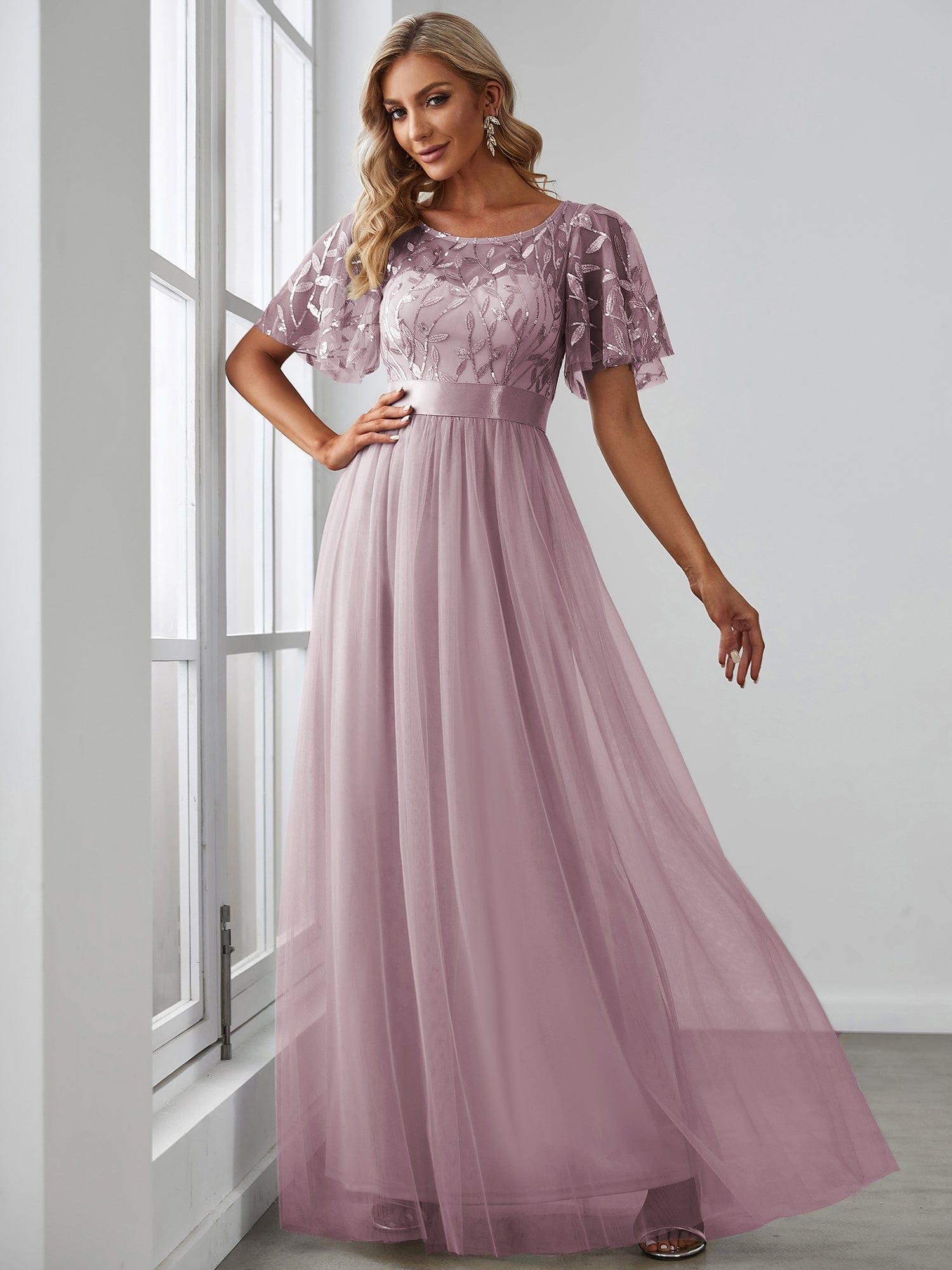 Custom Size Women's A-Line Sequin Leaf Maxi Prom Dress with Sleeves #color_Lilac