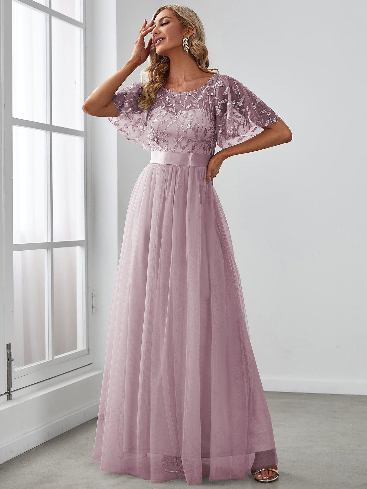 Custom Size Women's A-Line Sequin Leaf Maxi Prom Dress with Sleeves #color_Lilac