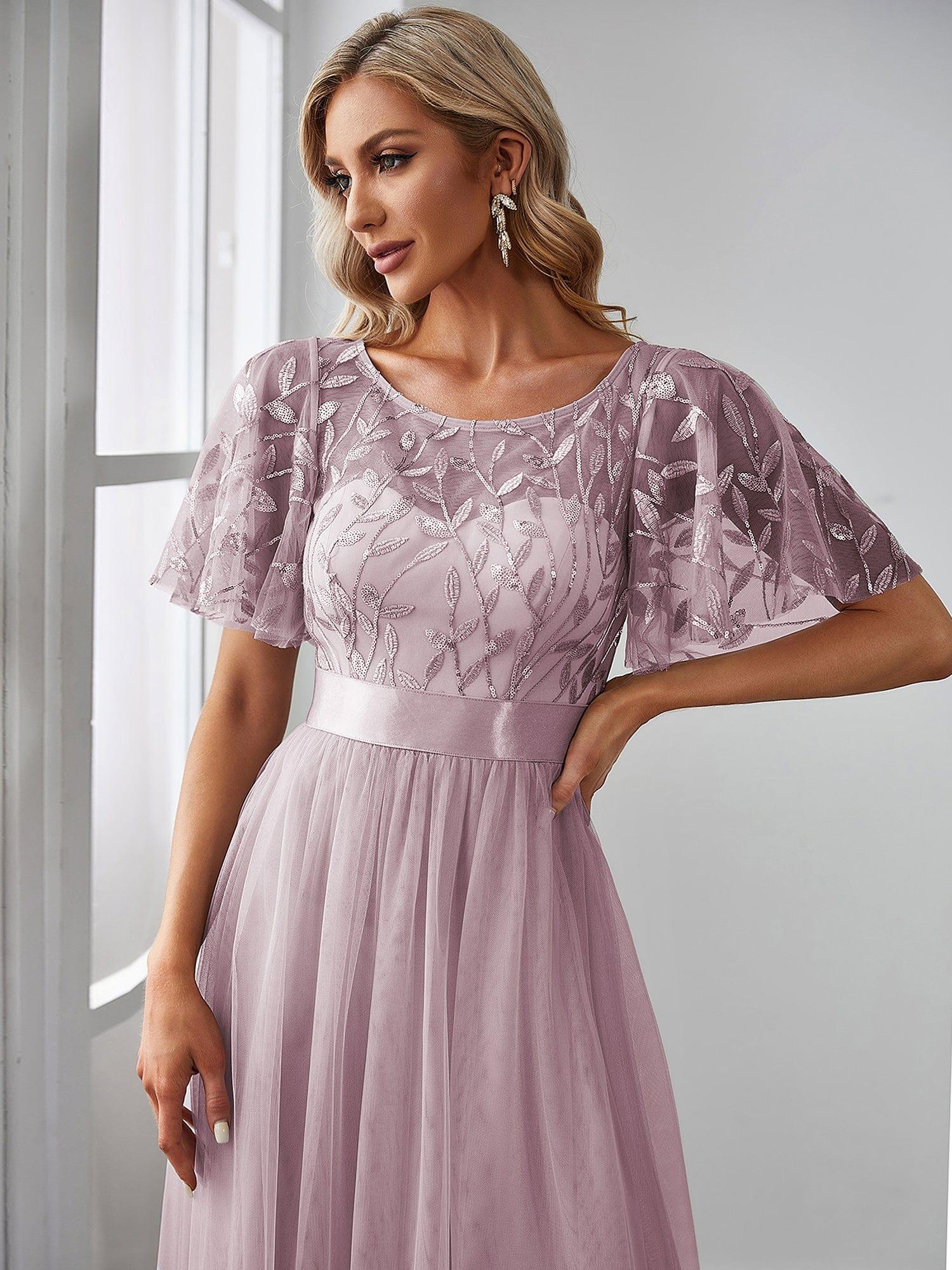 Custom Size Women's A-Line Sequin Leaf Maxi Prom Dress with Sleeves #color_Lilac