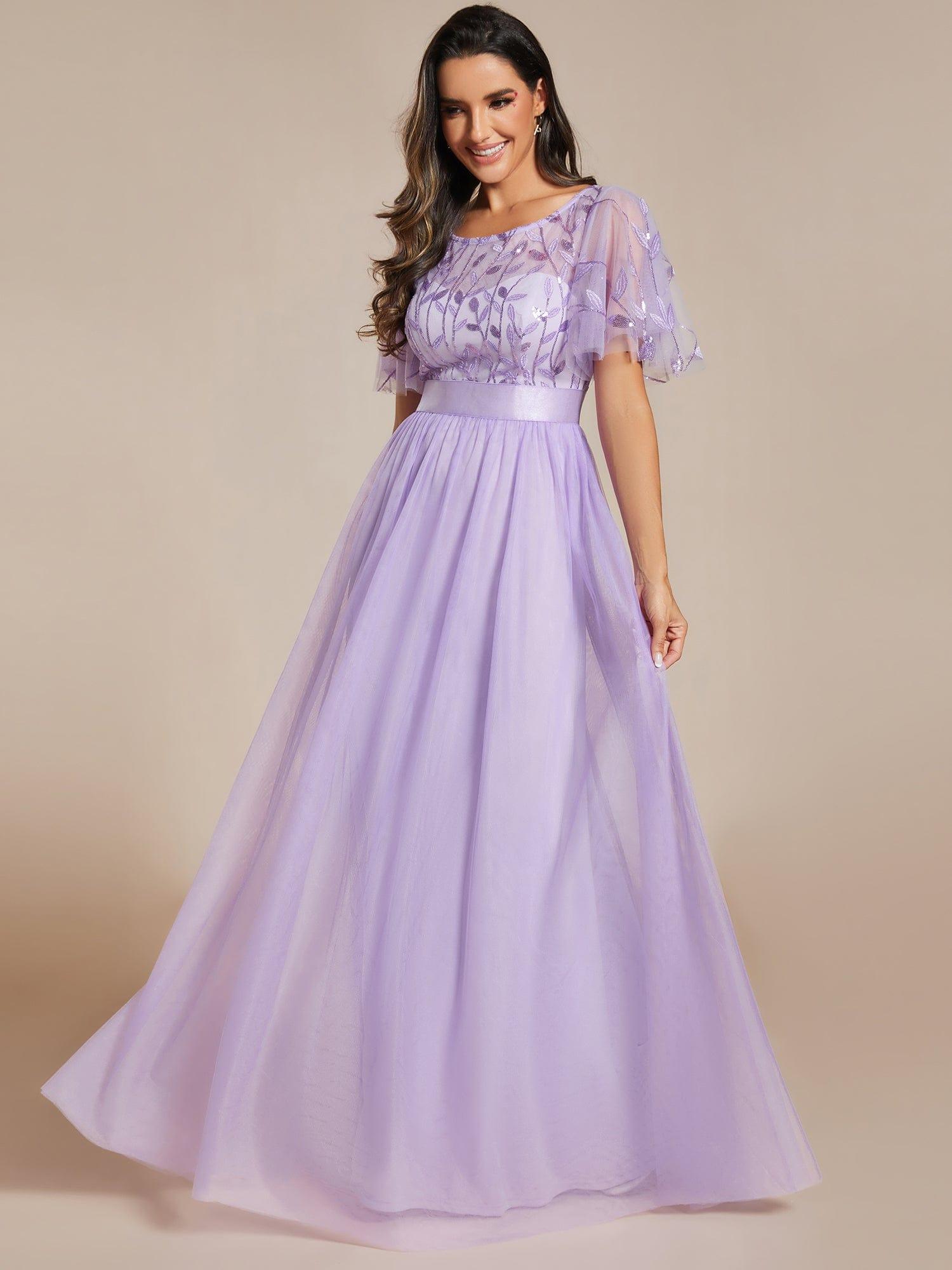 Custom Size Women's A-Line Sequin Leaf Maxi Prom Dress with Sleeves #color_Lavender