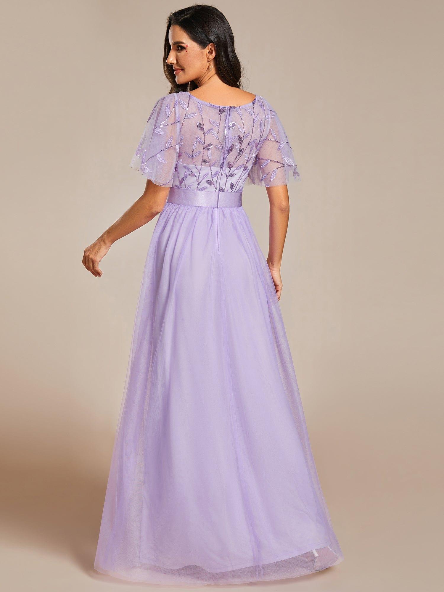 Custom Size Women's A-Line Sequin Leaf Maxi Prom Dress with Sleeves #color_Lavender