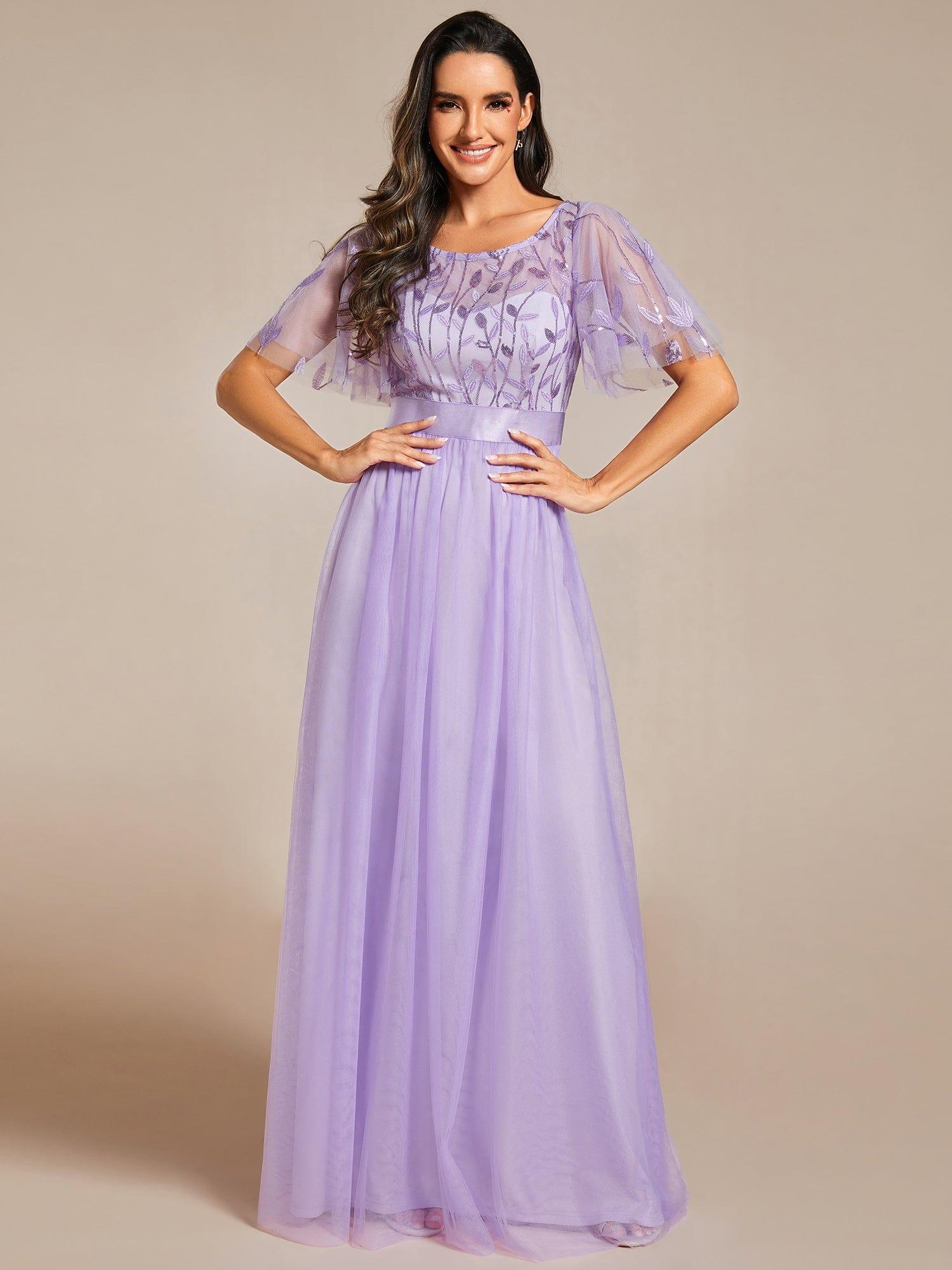 Custom Size Women's A-Line Sequin Leaf Maxi Prom Dress with Sleeves #color_Lavender