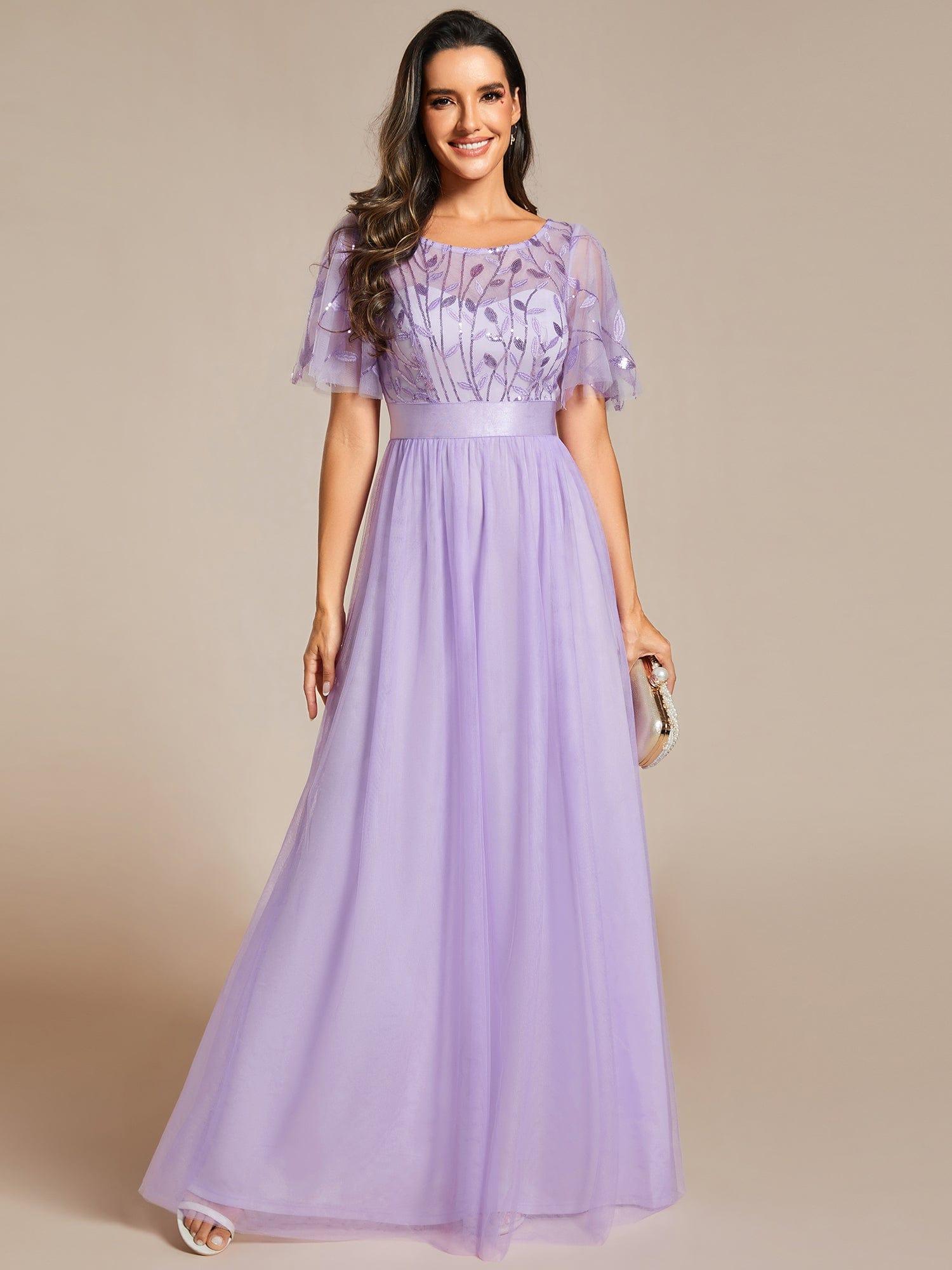 Custom Size Women's A-Line Sequin Leaf Maxi Prom Dress with Sleeves #color_Lavender