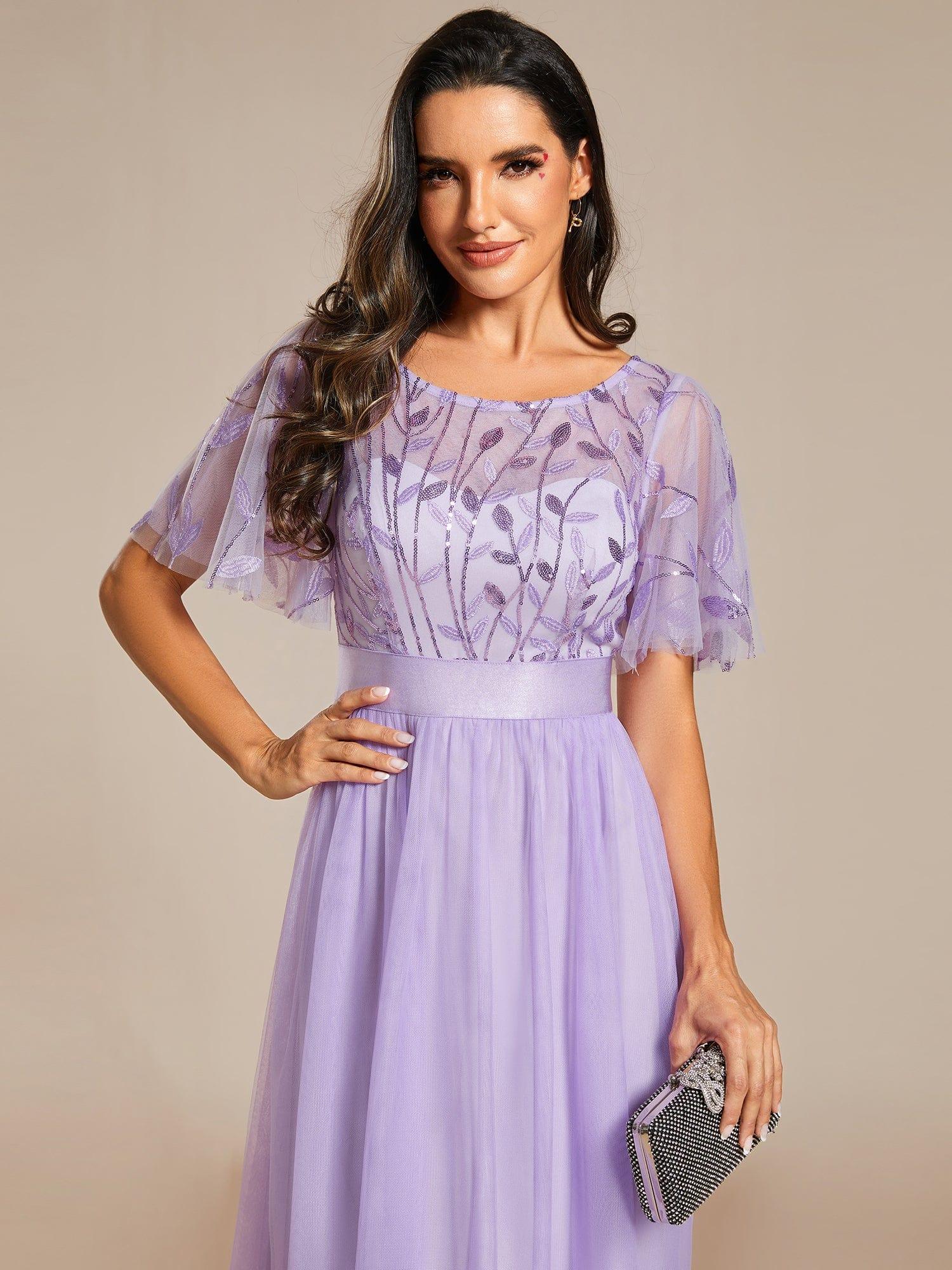 Custom Size Women's A-Line Sequin Leaf Maxi Prom Dress with Sleeves #color_Lavender