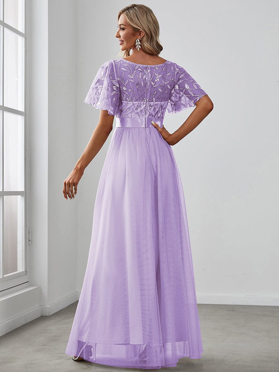Women's A-Line Short Sleeve Embroidery Floor Length Evening Dresses #color_Lavender