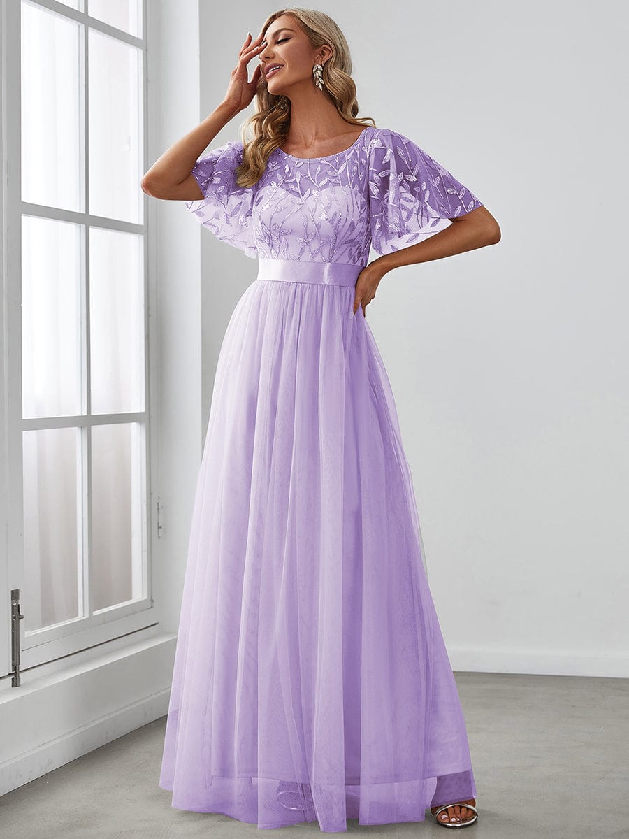 Women's A-Line Short Sleeve Embroidery Floor Length Evening Dresses #color_Lavender