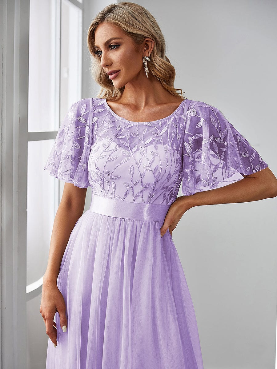 Women's A-Line Short Sleeve Embroidery Floor Length Evening Dresses