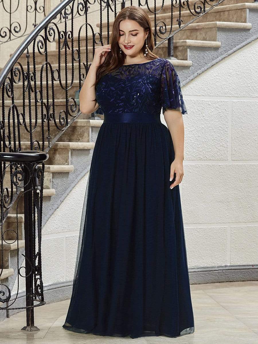 Custom Size Women's A-Line Sequin Leaf Maxi Prom Dress with Sleeves #color_Navy Blue