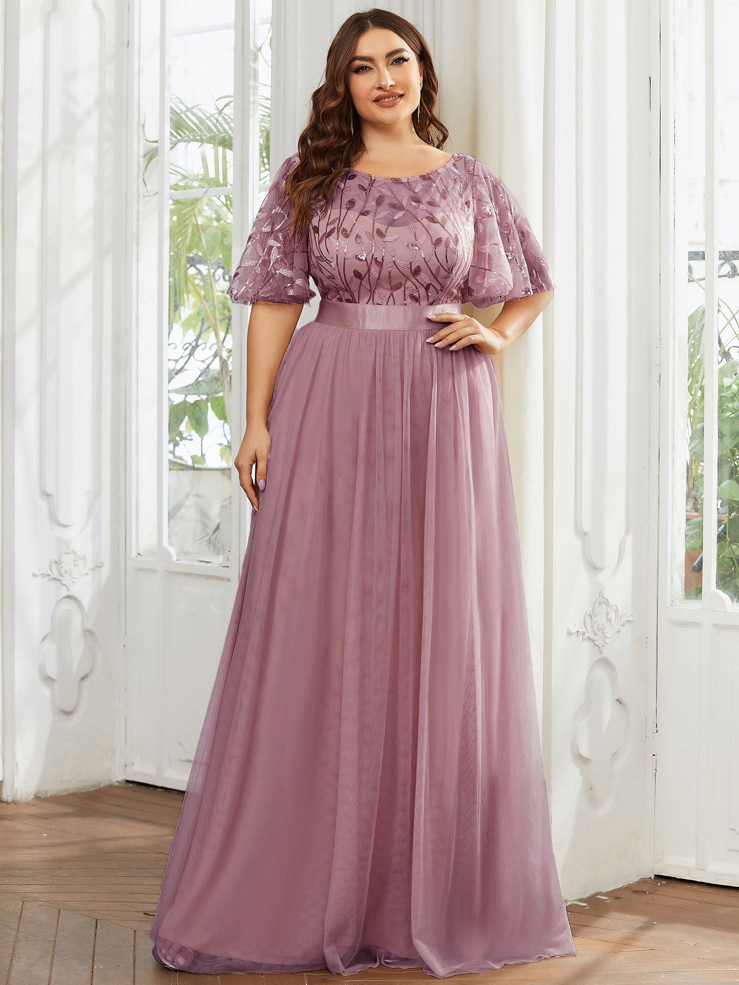 Plus Size Sequin Bodice Long Formal Evening Dresses #color_Purple Orchid