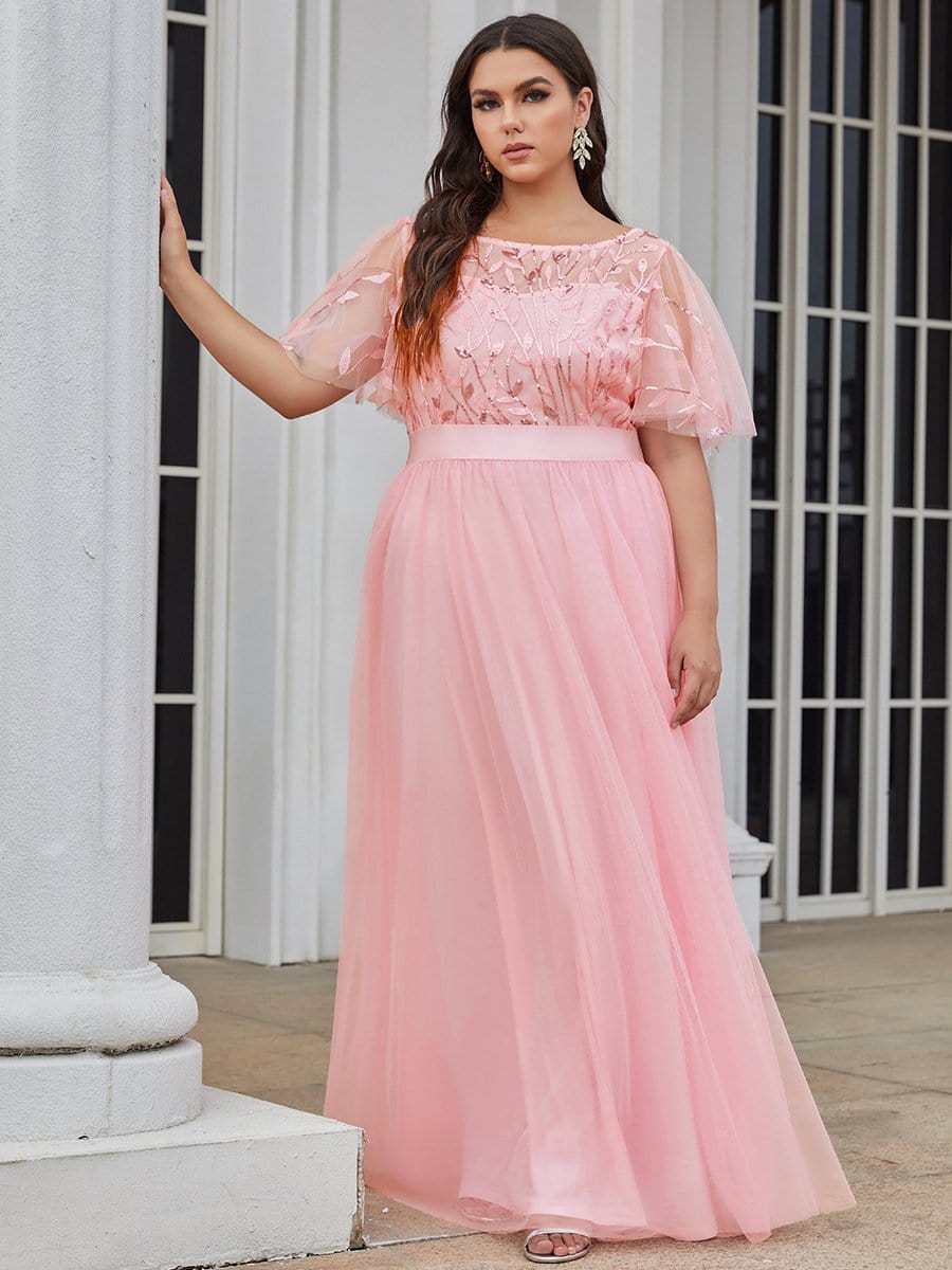 Plus Size Women's Embroidery Evening Dresses with Short Sleeve #color_Pink 